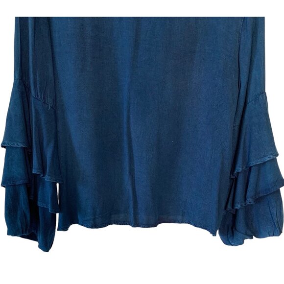 STYLE HOUSE Dark-Wash Chambray High-Neck Tiered Ruffle Sleeve Blouse NWT Large - Picture 6 of 8